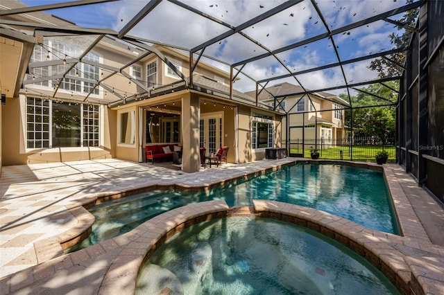 14003 Hampshire Bay Cir, Winter Garden, FL 34787 - view of swimming pool with french doors, an outdoor hangout area, a patio area, glass enclosure, and a pool with connected hot tub