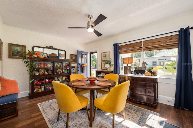 dining area featuring a textured ceiling, plenty of natural light, ceiling fan, and a textured wall