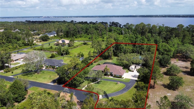 aerial view featuring a view of trees and a water view