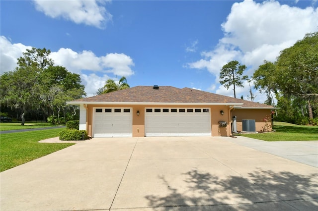 ranch-style home featuring central air condition unit, stucco siding, driveway, and a front lawn