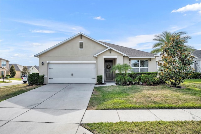 822 Sheen Cir, Haines City, FL 33844 - ranch-style home with stucco siding, concrete driveway, a front lawn, and a garage