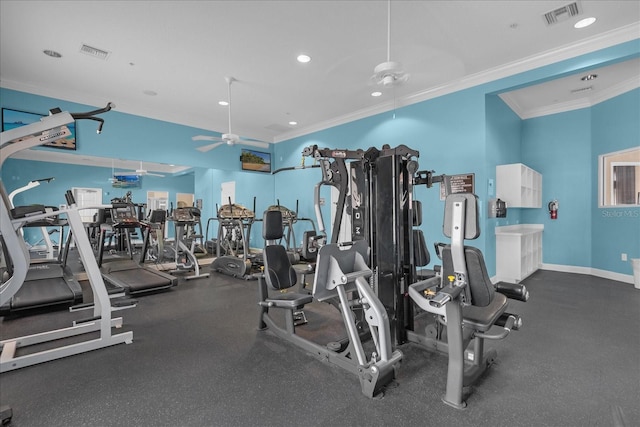 1031 Marcello Blvd, Kissimmee, FL 34746 - workout area with visible vents, a ceiling fan, recessed lighting, and ornamental molding