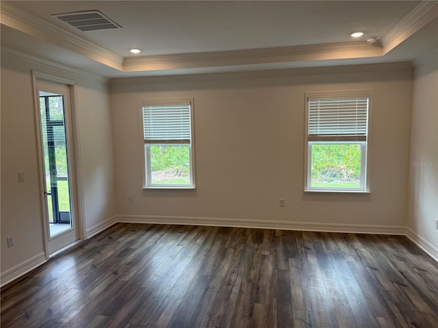 6179 Notre Dame Ter, North Port, FL 34291 - unfurnished room featuring a raised ceiling, ornamental molding, healthy amount of natural light, dark wood-style floors, and a smoke detector