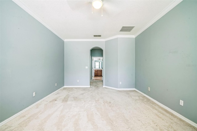 807 Ayden Oak Ln, Ocoee, FL 34761 - empty room with arched walkways, ceiling fan, visible vents, and ornamental molding