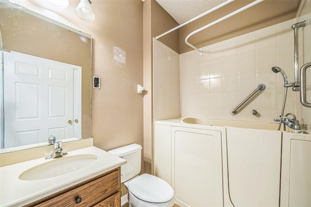 807 Ayden Oak Ln, Ocoee, FL 34761 - full bath with a textured wall, walk in shower, vanity, toilet, and a bathtub
