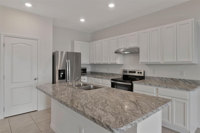 1089 Blue Jay Dr, Davenport, FL 33837 - kitchen featuring under cabinet range hood, white cabinetry, stainless steel appliances, and a sink