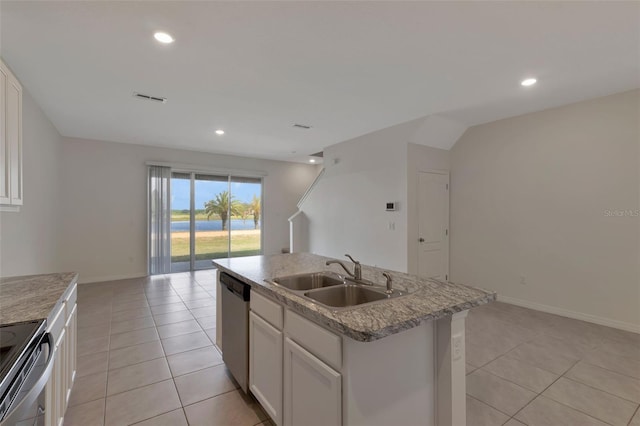 1089 Blue Jay Dr, Davenport, FL 33837 - kitchen featuring light tile patterned floors, a sink, electric range, stainless steel dishwasher, and visible vents
