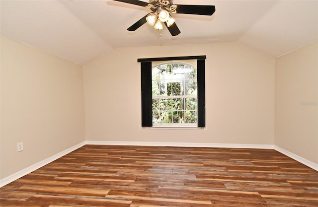 bonus room featuring baseboards, ceiling fan, wood finished floors, and lofted ceiling
