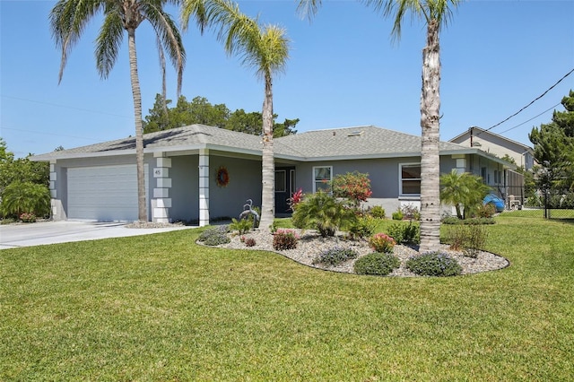 ranch-style home featuring a front lawn, fence, stucco siding, concrete driveway, and an attached garage