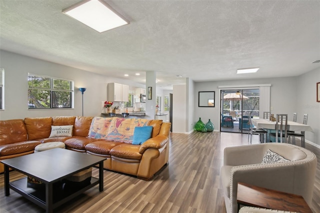 living room with a healthy amount of sunlight, a textured ceiling, and wood finished floors