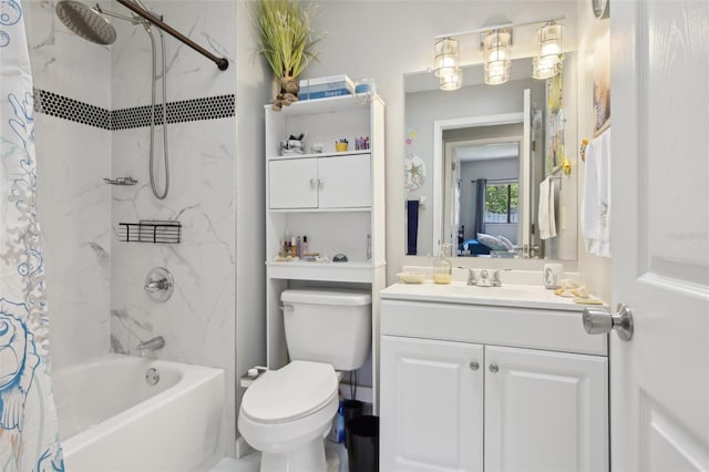 bathroom with vanity, toilet, and shower / bathtub combination with curtain