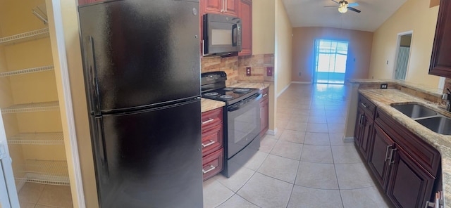 1621 Emily Ct, Kissimmee, FL 34744 - kitchen featuring black appliances, a ceiling fan, decorative backsplash, dark brown cabinets, and light tile patterned floors