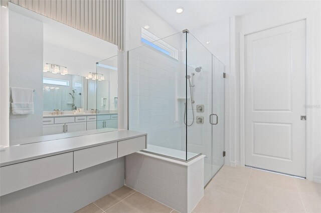 8105 Fenton St, Orlando, FL 32836 - bathroom with tile patterned floors, a stall shower, vanity, and recessed lighting