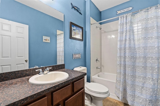 408 Egret Place Dr, Winter Garden, FL 34787 - full bath featuring toilet, vanity, shower / tub combo with curtain, tile patterned flooring, and a textured wall