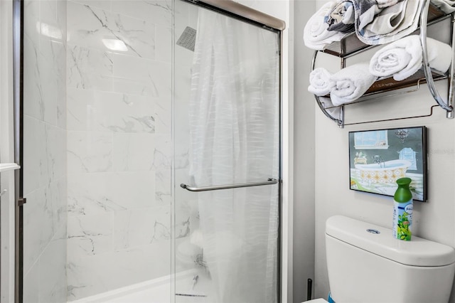 bathroom featuring toilet and a shower stall