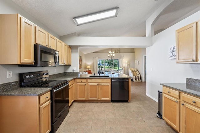 kitchen with black electric range, a sink, a peninsula, dishwashing machine, and light brown cabinets