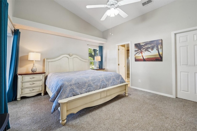 carpeted bedroom featuring visible vents, a ceiling fan, baseboards, and vaulted ceiling