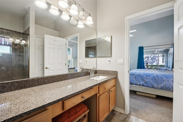 bathroom with connected bathroom, vanity, baseboards, wood finished floors, and a shower