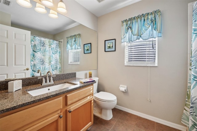 full bathroom with visible vents, vanity, toilet, baseboards, and tile patterned floors