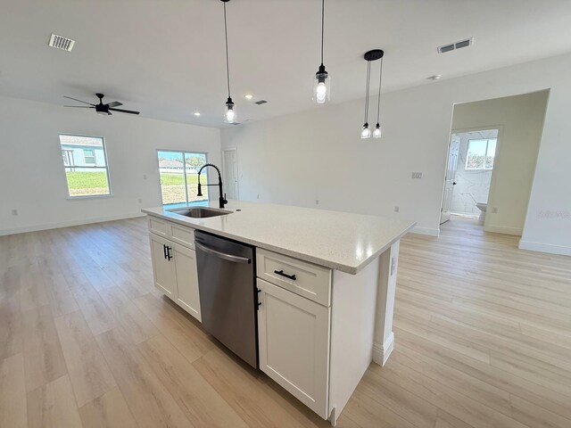 kitchen with stainless steel dishwasher, a sink, visible vents, and open floor plan