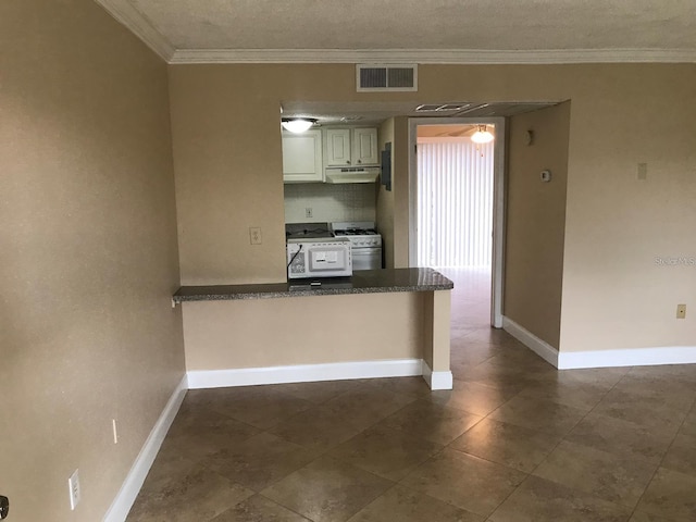 133 Oyster Bay Cir Unit 330, Altamonte Springs, FL 32701 - kitchen featuring under cabinet range hood, ornamental molding, visible vents, a peninsula, and white gas stove