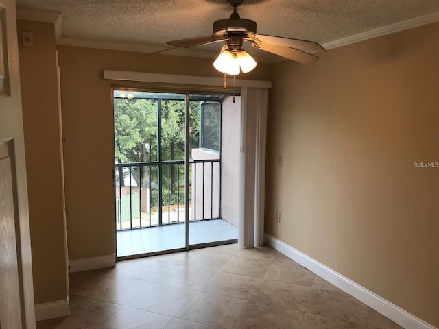 133 Oyster Bay Cir Unit 330, Altamonte Springs, FL 32701 - spare room featuring crown molding, a textured ceiling, baseboards, ceiling fan, and light tile patterned flooring