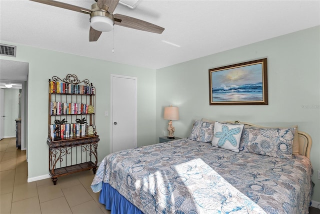 5301 S Atlantic Ave Unit 51, New Smyrna Beach, FL 32169 - bedroom featuring visible vents, baseboards, ceiling fan, and light tile patterned floors
