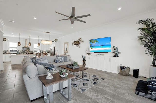 7 Marden Dr, Ormond Beach, FL 32176 - living room with ceiling fan, ornamental molding, recessed lighting, and light tile patterned floors