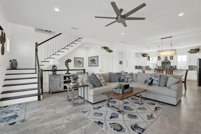 7 Marden Dr, Ormond Beach, FL 32176 - living area with a ceiling fan, stairs, recessed lighting, and light tile patterned floors