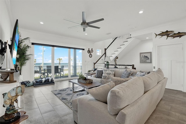 7 Marden Dr, Ormond Beach, FL 32176 - living area with a ceiling fan, ornamental molding, stairs, and recessed lighting