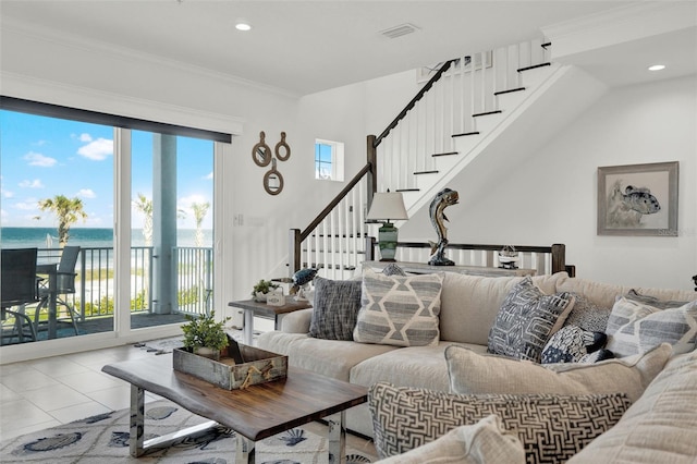 7 Marden Dr, Ormond Beach, FL 32176 - living room featuring a water view, recessed lighting, stairway, and crown molding