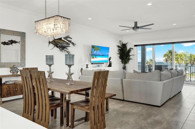 7 Marden Dr, Ormond Beach, FL 32176 - dining space featuring ornamental molding, a ceiling fan, a chandelier, and recessed lighting