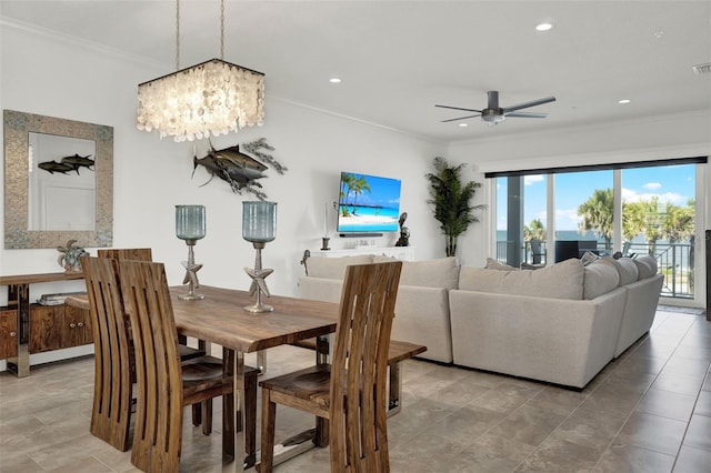 7 Marden Dr, Ormond Beach, FL 32176 - dining area with ornamental molding, ceiling fan, a chandelier, and recessed lighting