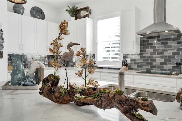 7 Marden Dr, Ormond Beach, FL 32176 - kitchen with wall chimney exhaust hood, tasteful backsplash, white cabinetry, light stone countertops, and black electric cooktop