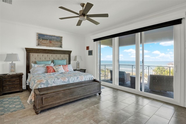 7 Marden Dr, Ormond Beach, FL 32176 - bedroom with a water view, ornamental molding, access to outside, and ceiling fan