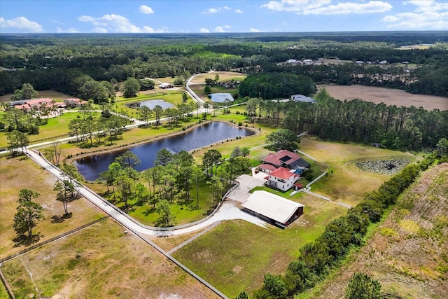aerial view featuring a view of trees and a water view