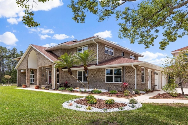view of front of property with a garage, a front lawn, and brick siding