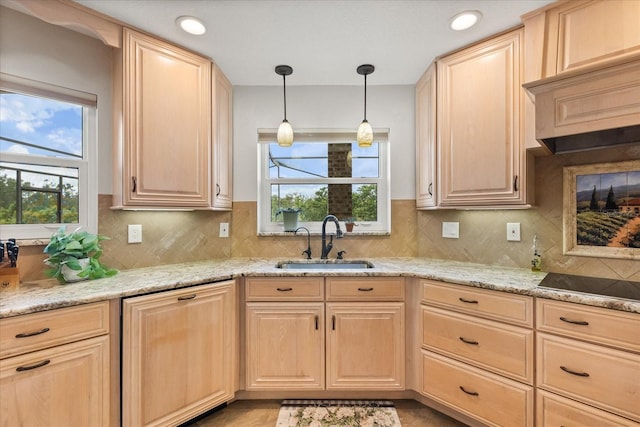 kitchen with a sink, light brown cabinets, and a healthy amount of sunlight