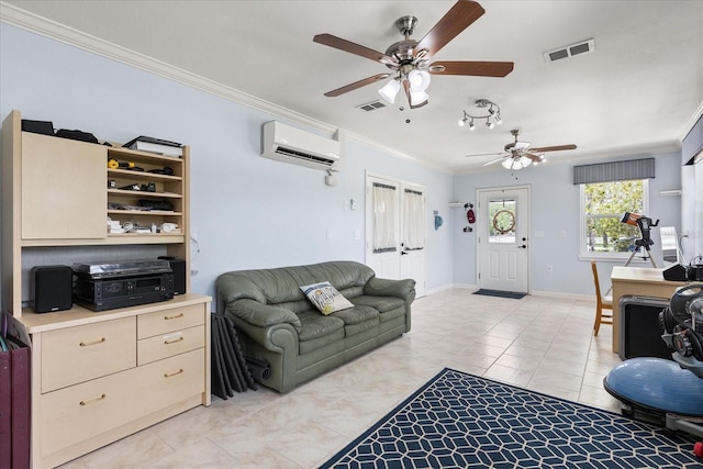 living room featuring ornamental molding, a wall unit AC, a ceiling fan, and visible vents