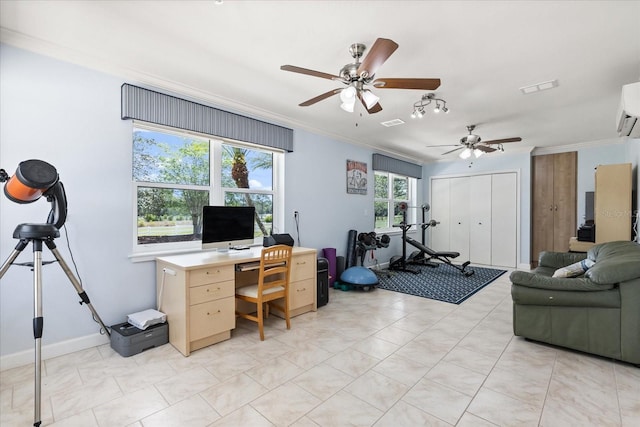 office space with crown molding, a ceiling fan, and visible vents