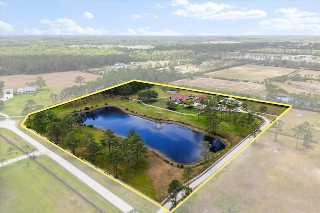 bird's eye view featuring a water view and a forest view