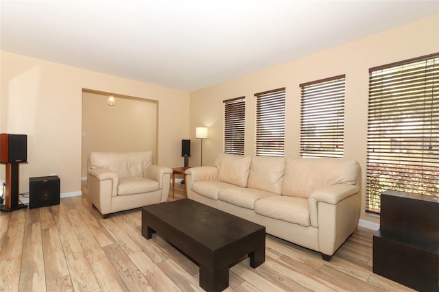 living room featuring baseboards and light wood-type flooring