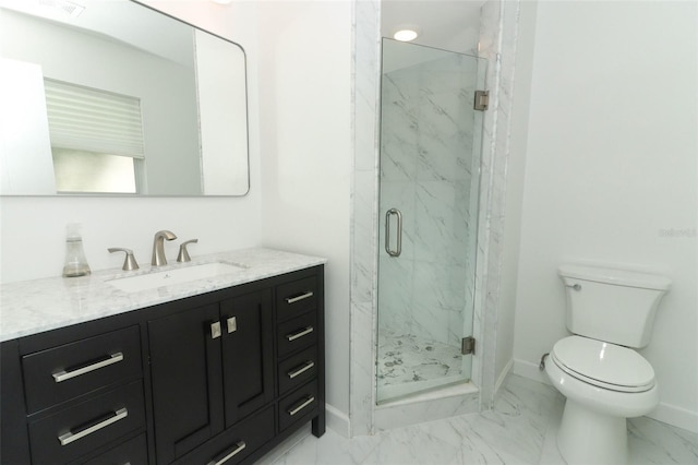 full bath with vanity, toilet, a marble finish shower, marble finish floor, and baseboards