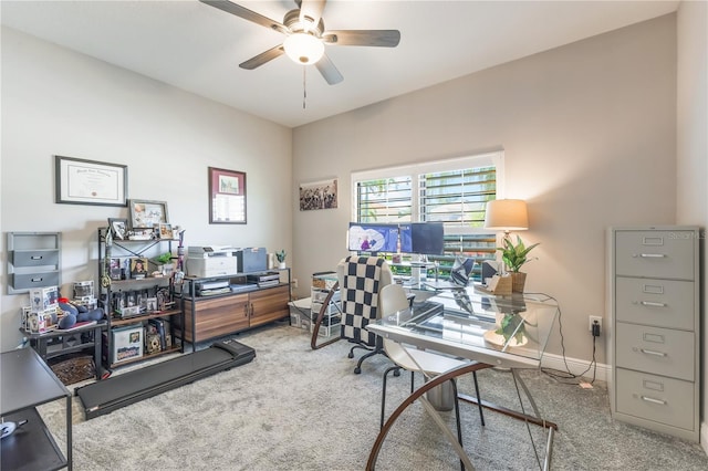 home office with carpet flooring and ceiling fan