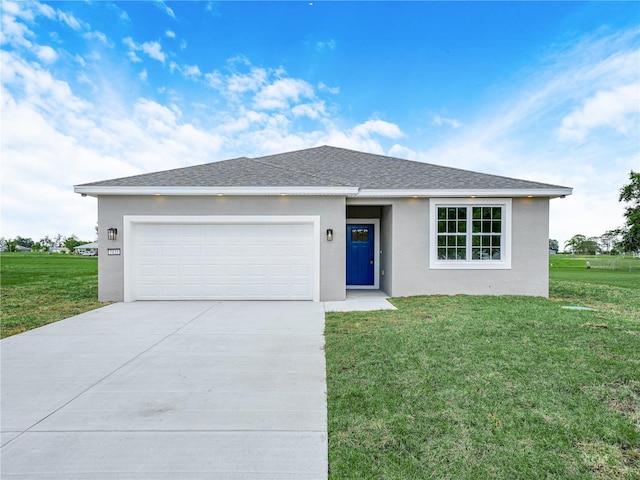 single story home featuring driveway, a garage, stucco siding, a shingled roof, and a front yard