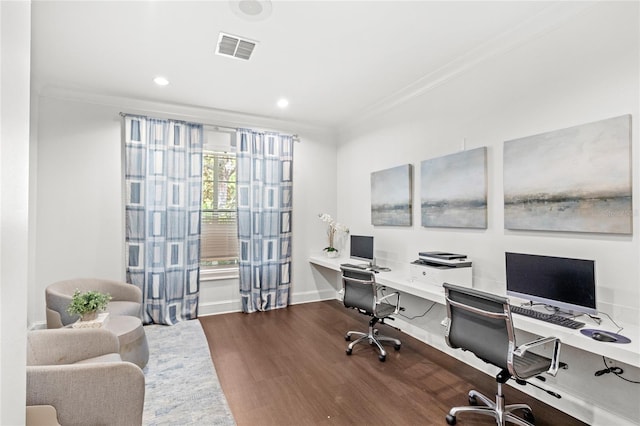 12843 Madison Pointe Cir Unit 106, Orlando, FL 32821 - home office featuring baseboards, ornamental molding, wood finished floors, and visible vents