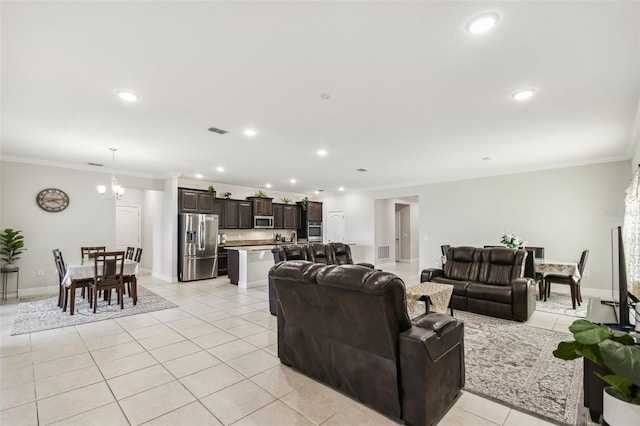 living area with crown molding, recessed lighting, light tile patterned flooring, and visible vents