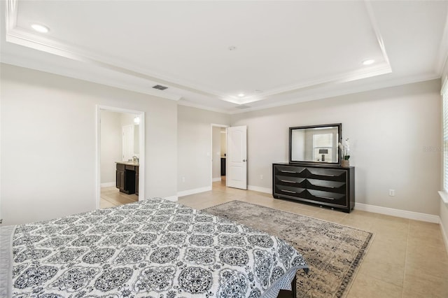 bedroom featuring light tile patterned flooring, a tray ceiling, recessed lighting, and ornamental molding