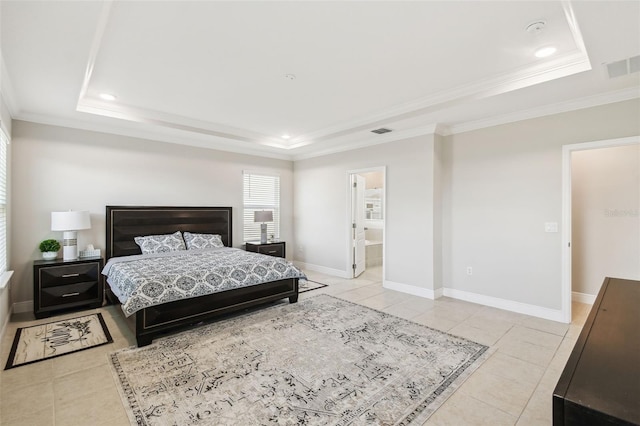 bedroom with visible vents, ornamental molding, a raised ceiling, and light tile patterned flooring