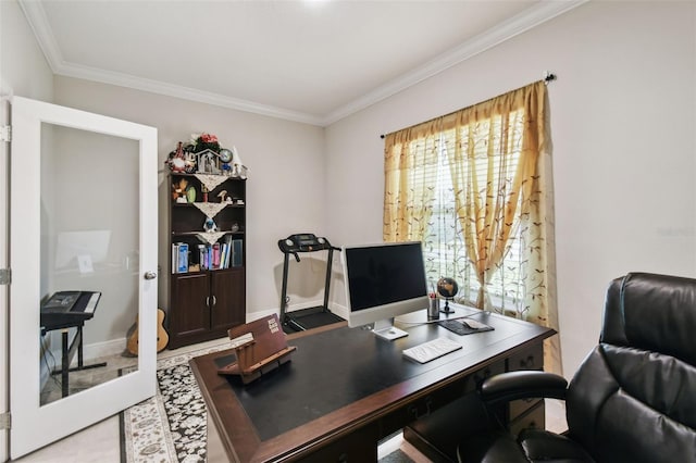 home office with crown molding and baseboards